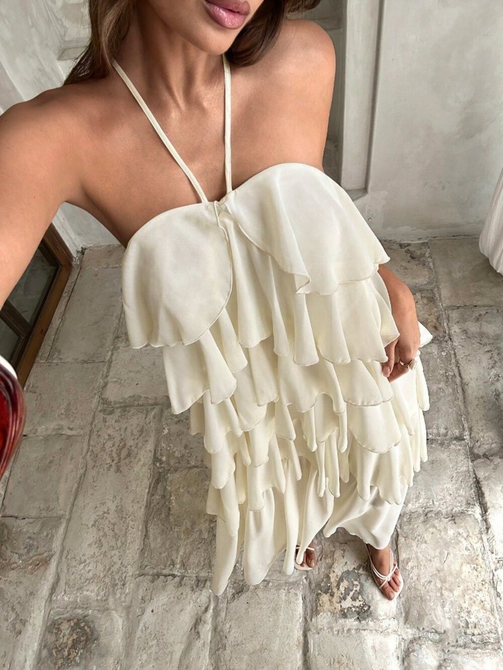 Apricot Boho Women's Elegant Romantic Layered Ruffle Halter Dress - Picture 5 of 7